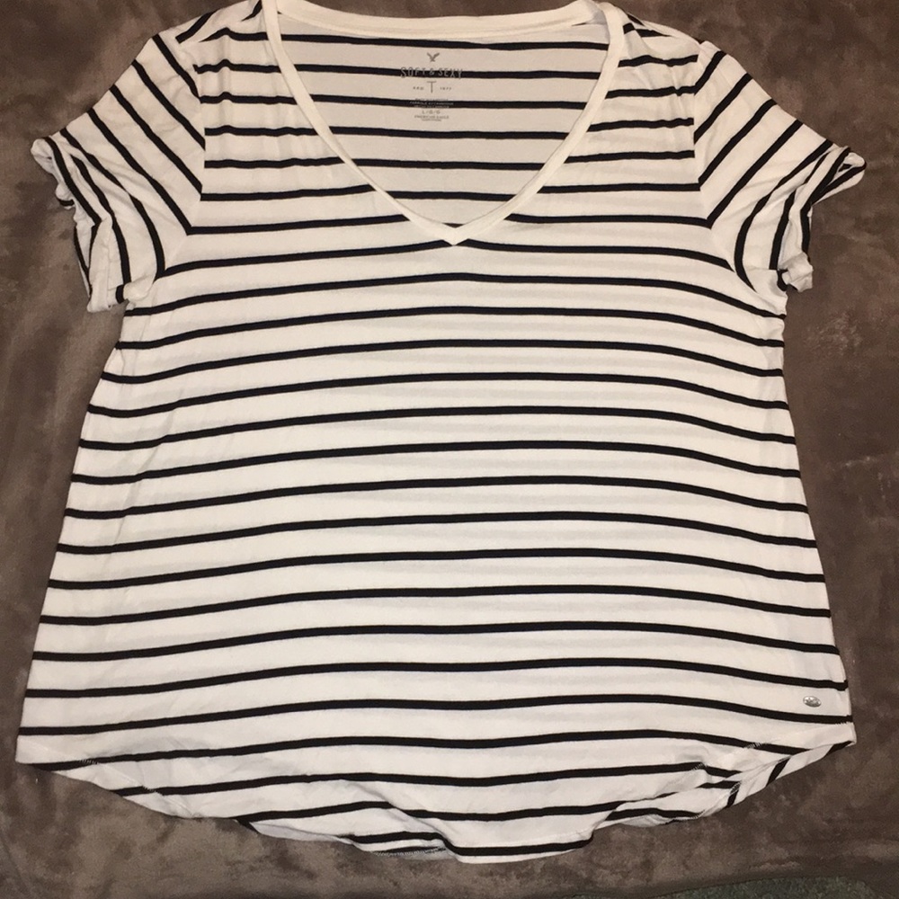 American Eagle Black and White Striped V-Neck